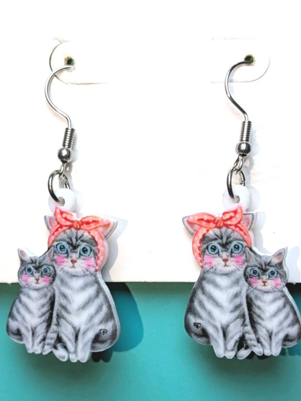 Hand Crafted Gray Tabby Cat Earrings with Pink Headscarf